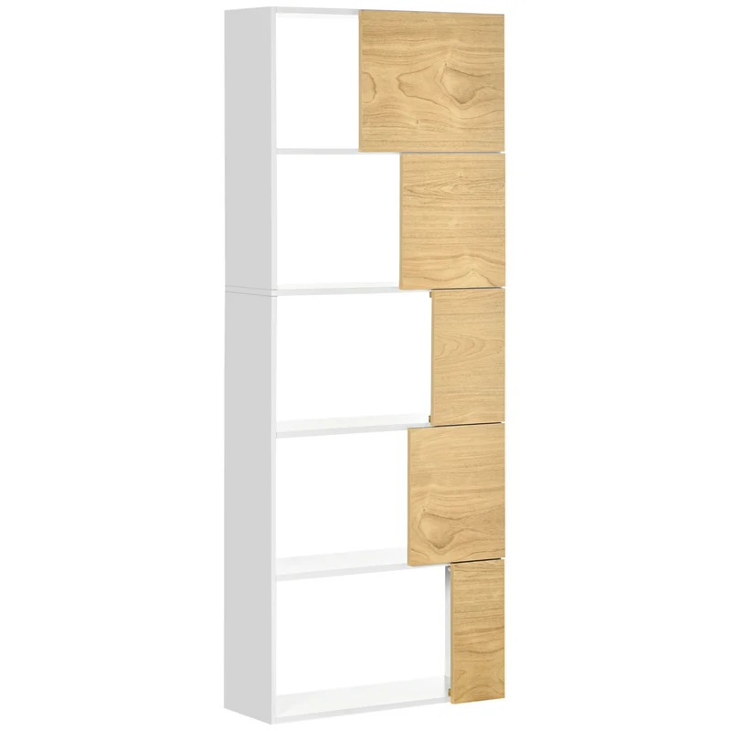 Easycomfort Libreria Moderna con Scaffali Asimmetrici e Ante Soft Close, 63x22x166cm, Bianco e Naturale