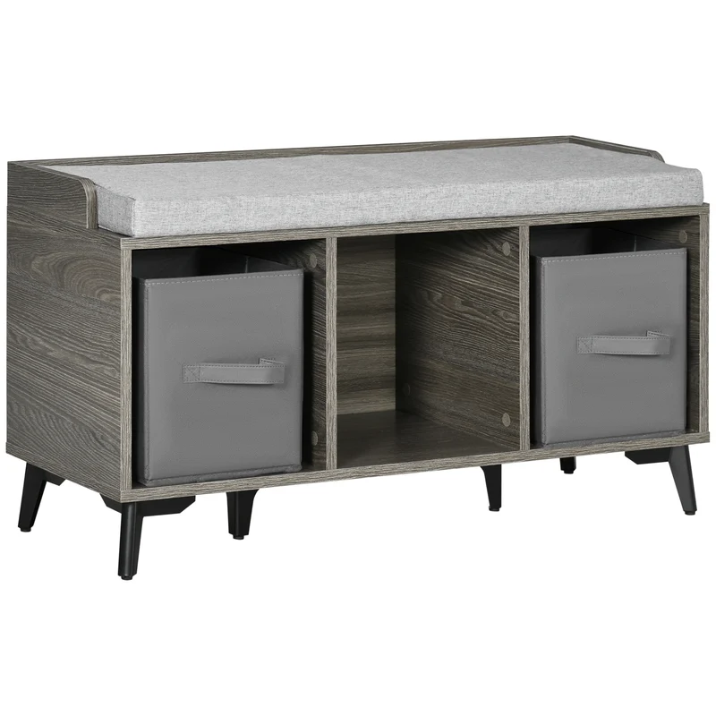 Easycomfort Mobile Scarpiera da Ingresso in Truciolato e Metallo con 3 Ripiani Aperti, 2 Cassetti e Seduta imbottita, 90x34x48 cm, Grigio