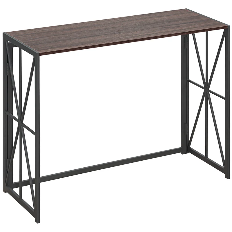 Easycomfort Tavolo Consolle da Ingresso Stile Industriale Pieghevole in Legno e Metallo, 100x38x80cm, Marrone
