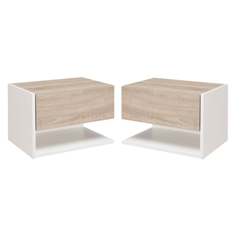 Easycomfort Set di 2 Comodini Sospesi a Parete con Cassetto e Mensola, Arredamento Moderno Camera da Letto, Bianco e Rovere