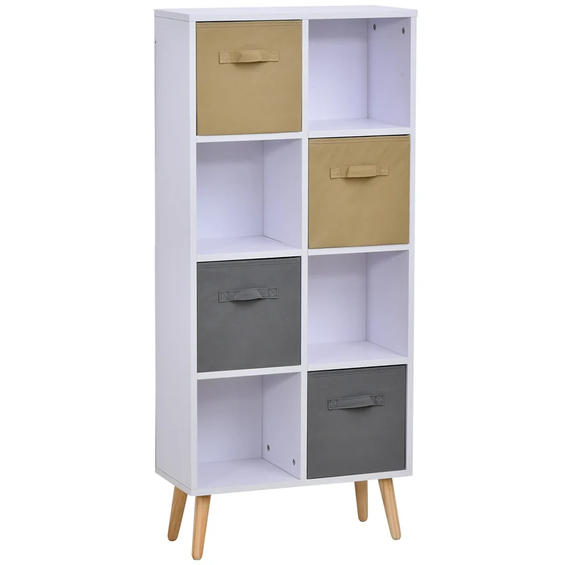 EasyComfort Armadietto Libreria in Legno Bianco 8 Ripiani e 4 Cassetti Pieghevoli in Tessuto Grigio e Marrone
