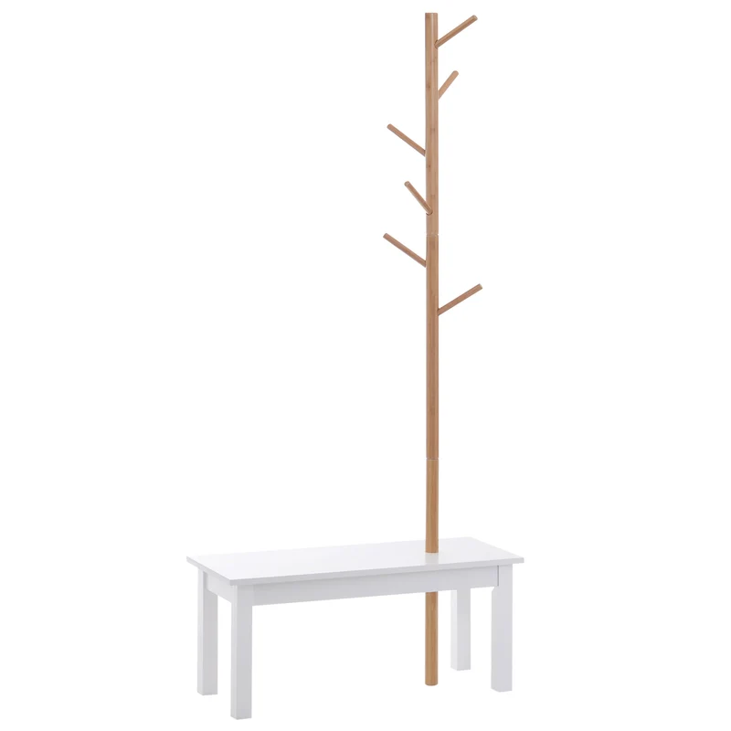 EasyComfort Panca con Appendiabiti in Bambù, Colore Bianco e Legno, 80x30x180cm