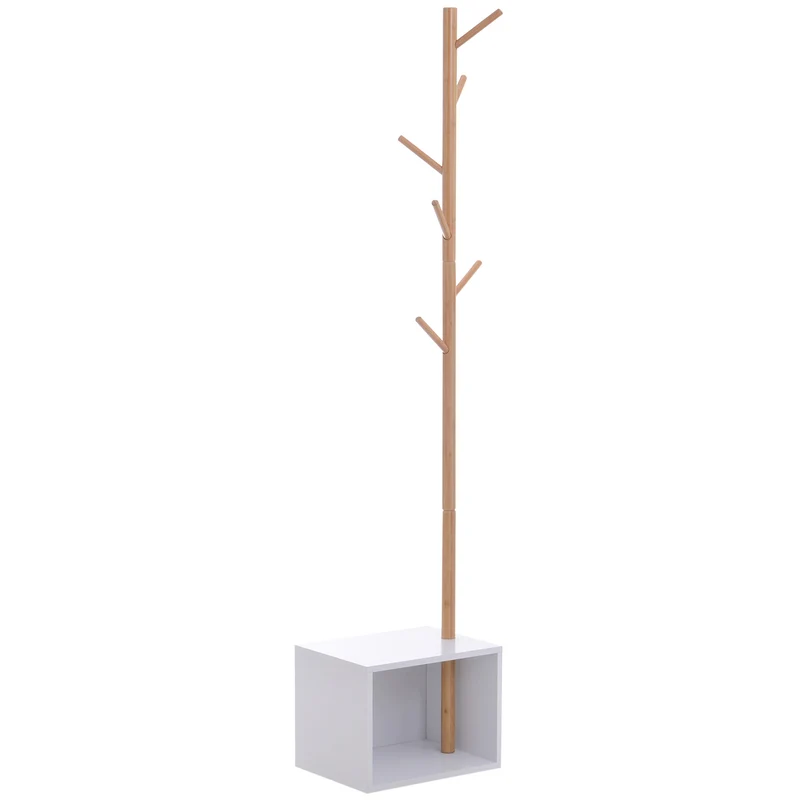 EasyComfort Appendiabiti con Panchina Cubo per Scarpe Per Ingresso e Camera da Letto 6 Ganci, Bambù Legno MDF, Bianco, 40x30x180cm