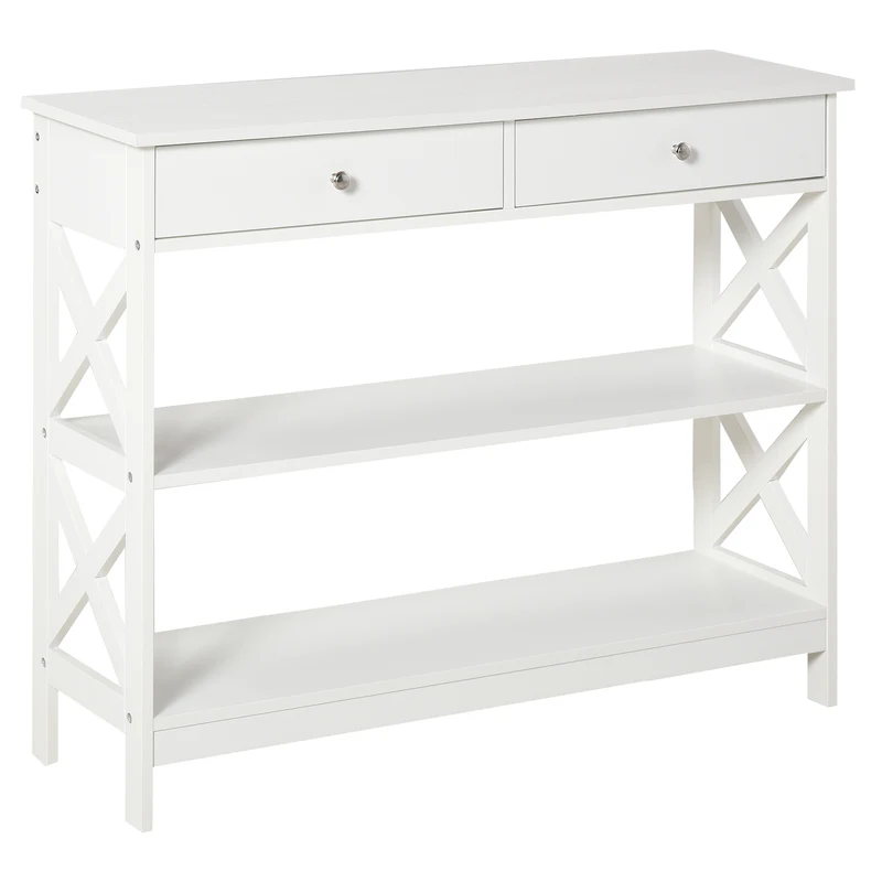 Easycomfort Tavolo Consolle con 2 Cassetti e 2 Mensole, Mobile da Ingresso e Soggiorno in MDF, 100x30.5x80cm, Bianco