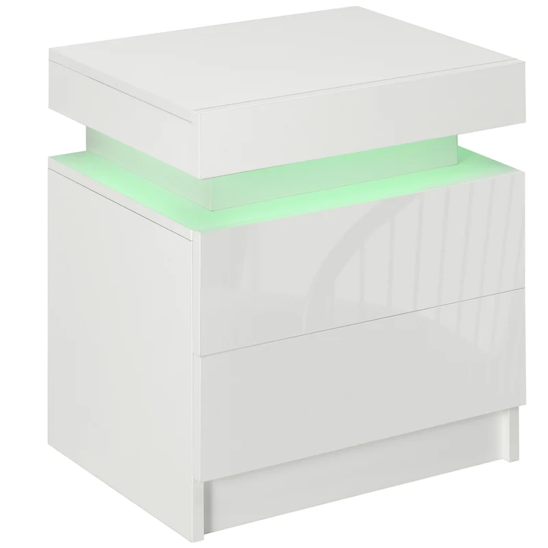 EasyComfort Comodino con luce LED RGB e 2 cassetti, 4 Modalità di luce e 16 colori, 45x35x52cm, Bianco