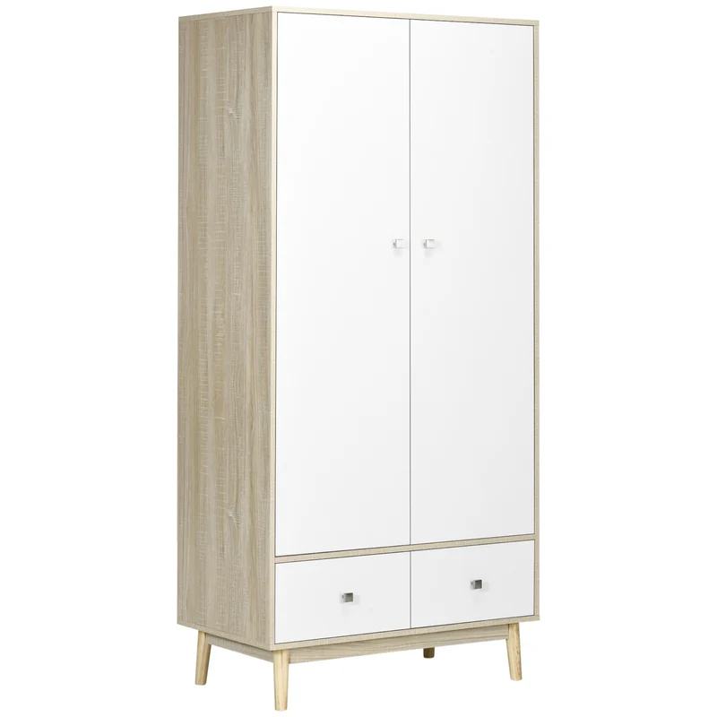 Easycomfort Armadio 2 Ante in Legno con 4 Vani, 2 Cassetti e Appendiabiti, Color Legno e Bianco, 90x50x190cm