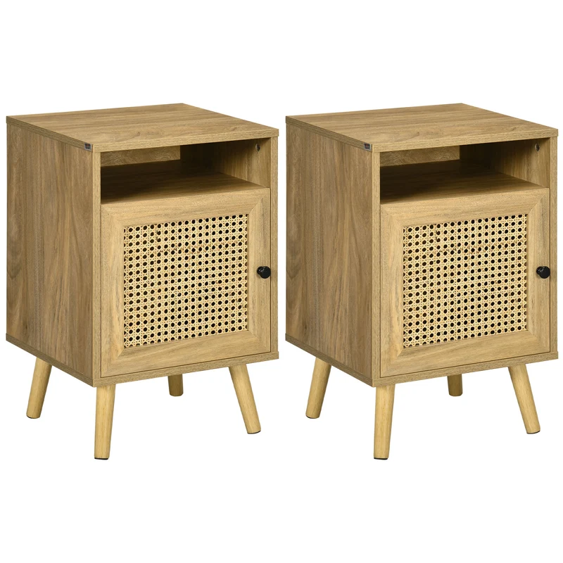 Easycomfort Set 2 Comodini in Stile Boho con Armadietto e Ripiano Aperto, in Truciolato, Rattan e MDF, 39x35x60 cm