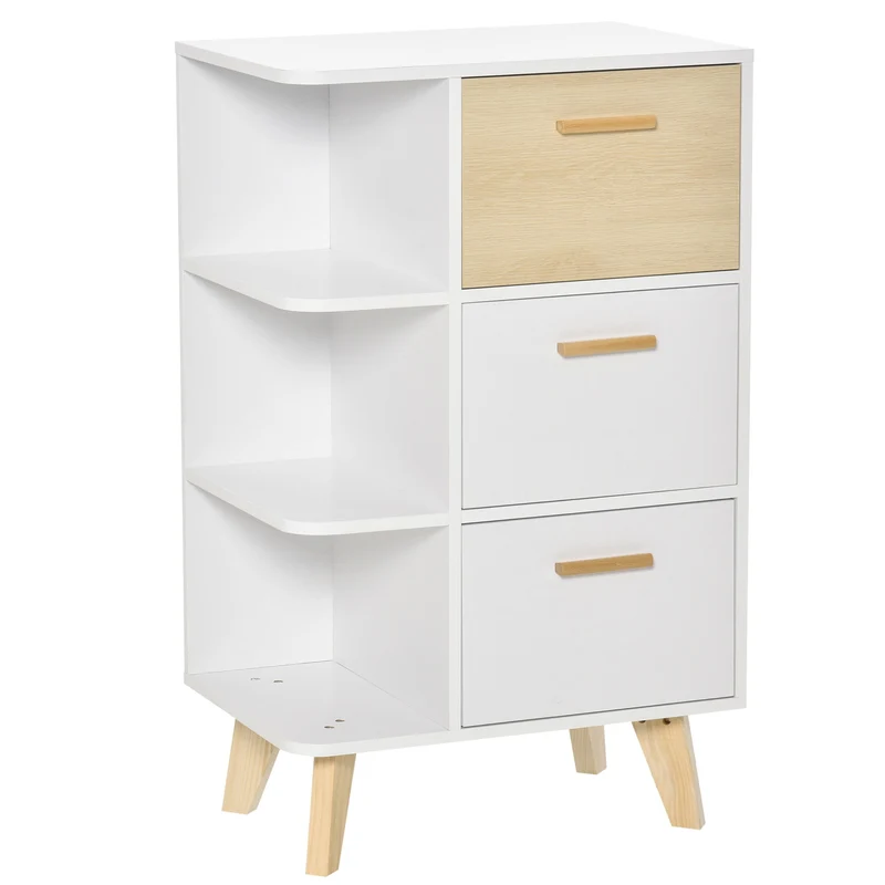 Easycomfort Mobiletto Multiuso con 3 Ripiani Aperti e Cassetti, Mobile per Soggiorno, Cucina, Ufficio in Legno Bianco, 60x40x100cm