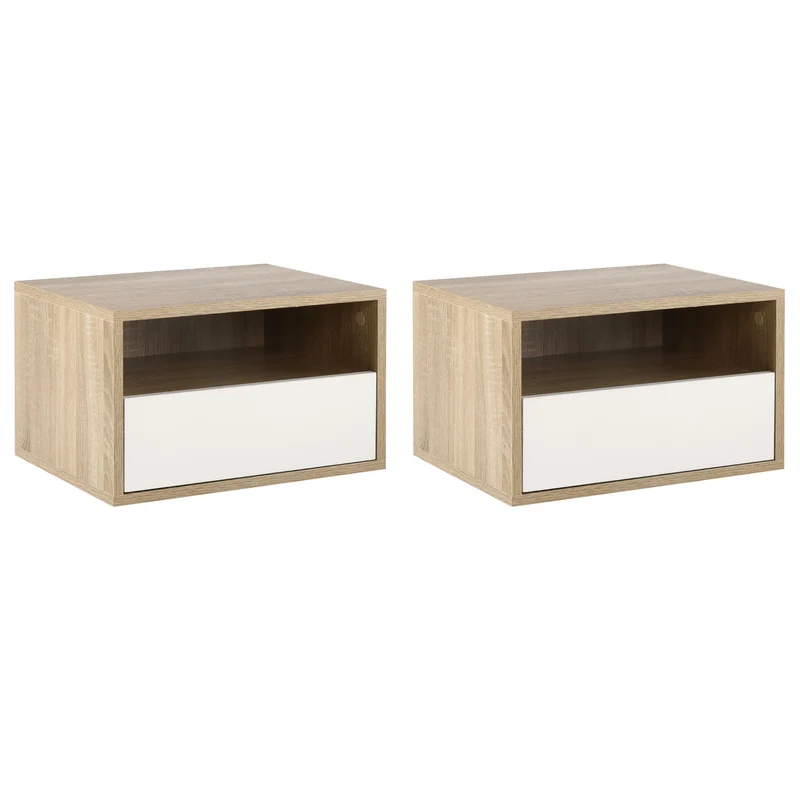 Easycomfort Set 2 Comodini Sospesi con Cassetto e Ripiano 45x35x27.5cm - Bianco e Color Legno