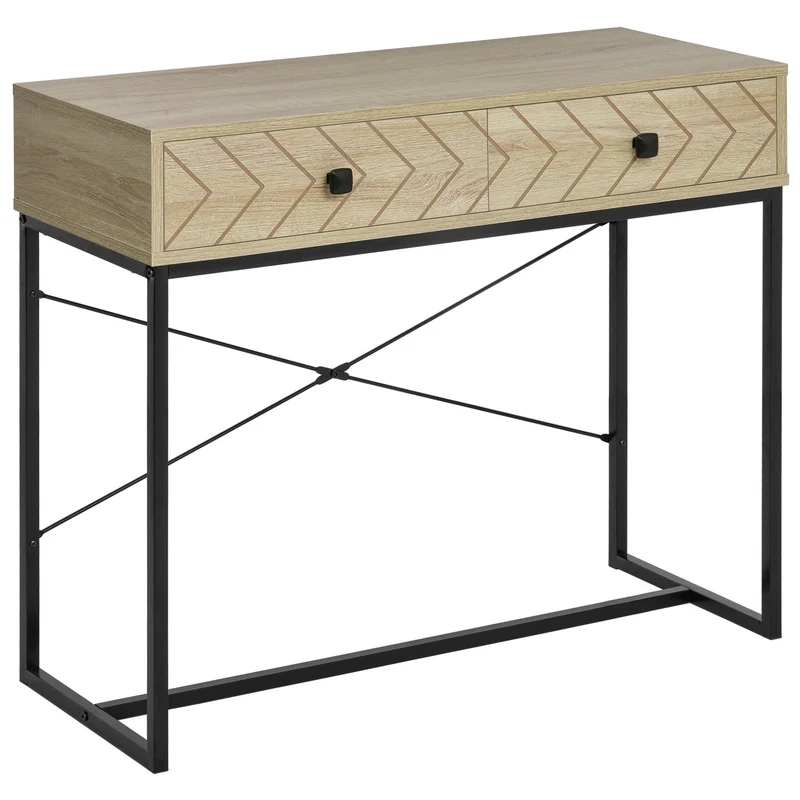 Easycomfort Tavolo Consolle Vintage in Legno e Metallo Nero per un Ingresso dal Design Contemporaneo, 2 Cassetti 90x35x76cm