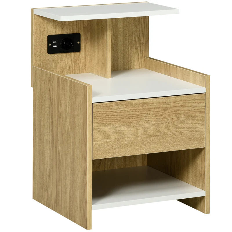 EasyComfort Comodino moderno con 2 Prese, 2 porte USB e Cassetto in truciolato, 40x40x60cm, Color Legno