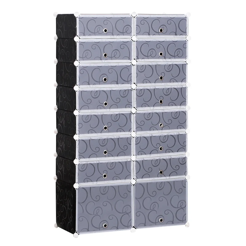 Easycomfort Guardaroba Modulare Scarpiera Cubi a 8 Ripiani 2 Righe, Bianco e Nero in Plastica, 95 x 37 x 160 cm