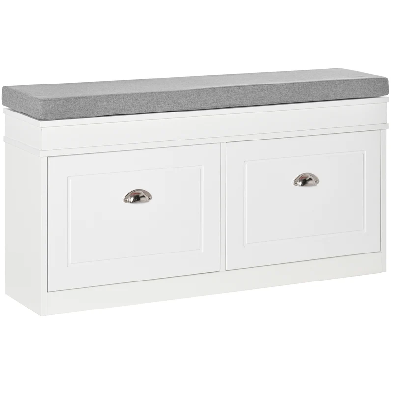 Easycomfort Panca Scarpiera Salvaspazio in Legno con Cuscino, 2 Cassetti con Mensola Regolabile per 8 Scarpe, 104x24x55cm, Bianco