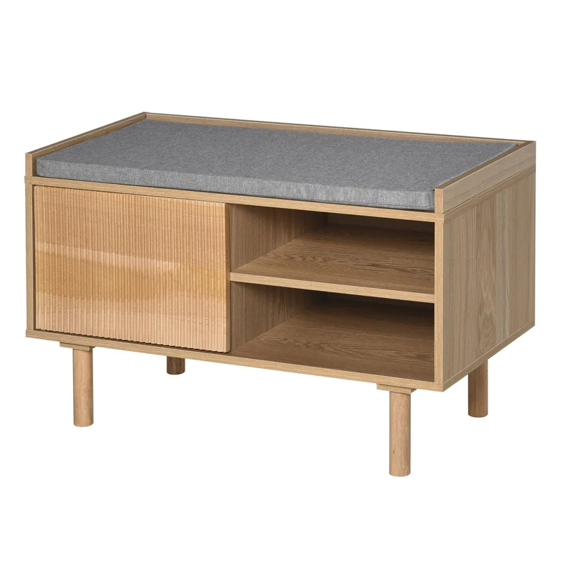 Easycomfort Mobile Scarpiera in Legno con Panca Imbottita, Mensola e Armadietto, Colore Naturale e Grigio, 80x40x49.5cm