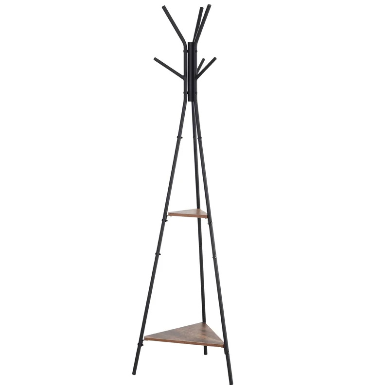 Easycomfort Appendiabiti ad Albero con 2 Ripiani Nero e Marrone in Metallo e Legno