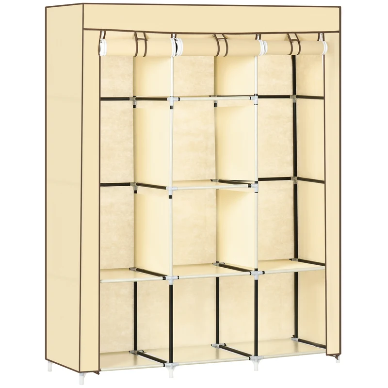 Easycomfort Armadio in Tessuto con 8 Ripiani e 2 Barre con Porta Avvolgibile, 125x46x162.5cm, Beige