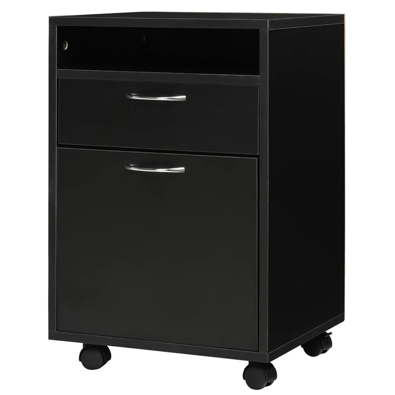 Easycomfort Cassettiera Portadocumenti da Ufficio in Legno Nero con 2 Cassetti, 4 Ruote Ominidirezionali, 40 x 35 x 60cm