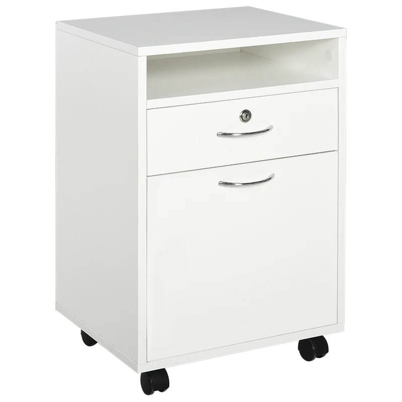 Easycomfort Cassettiera per Ufficio con 2 Chiavi, Cassetto, Armadietto e 4 Ruote in Legno Bianco, 40x35x60cm
