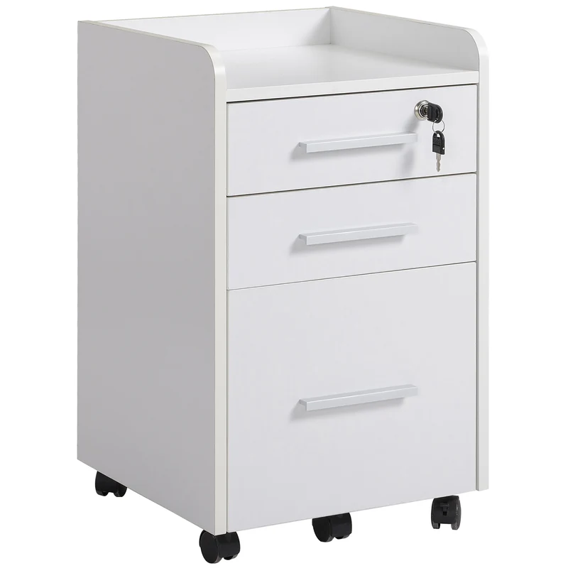EasyComfort Cassettiera Portadocumento da Ufficio Bianca in Legno, 3 Cassetti con Chiavi e 5 Ruote 39.2 x 40 x 65.4cm