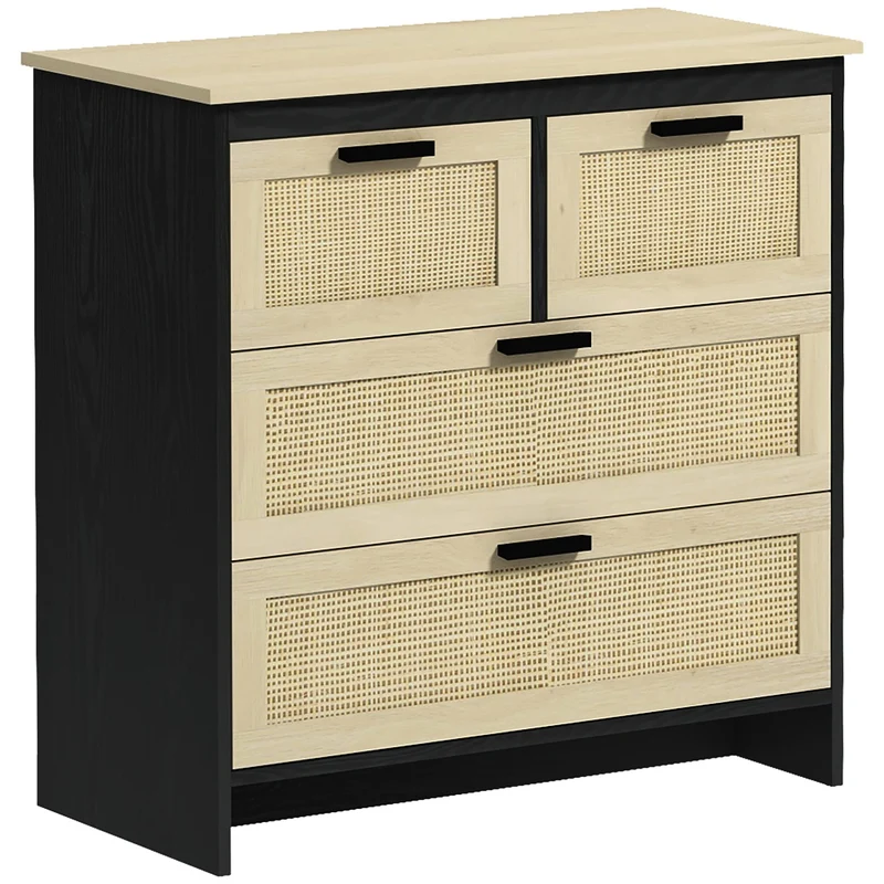 Easycomfort Cassettiera 4 Cassetti in Truciolato e Rattan per Soggiorno e Camera da Letto, 80x38x80 cm