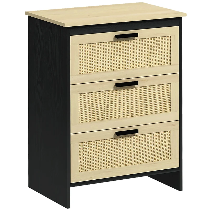 Easycomfort Cassettiera 3 Cassetti in Truciolato e Rattan per Soggiorno e Camera da Letto, 60x40x80 cm