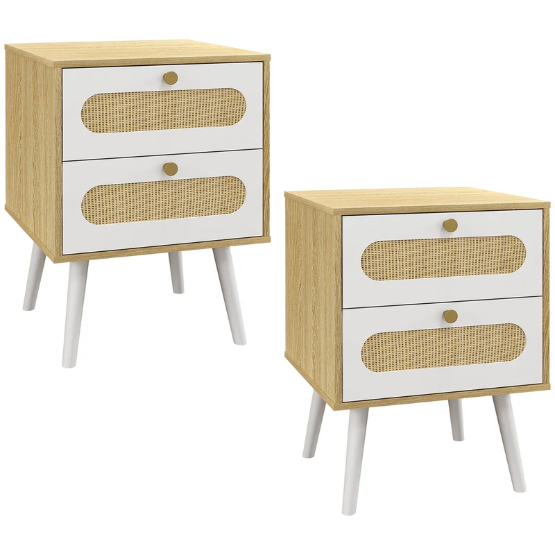 Easycomfort Comodino con Cassetti Set 2 Pezzi in Truciolato e MDF in stile Boho, 40x40x55 cm, Rovere e Bianco