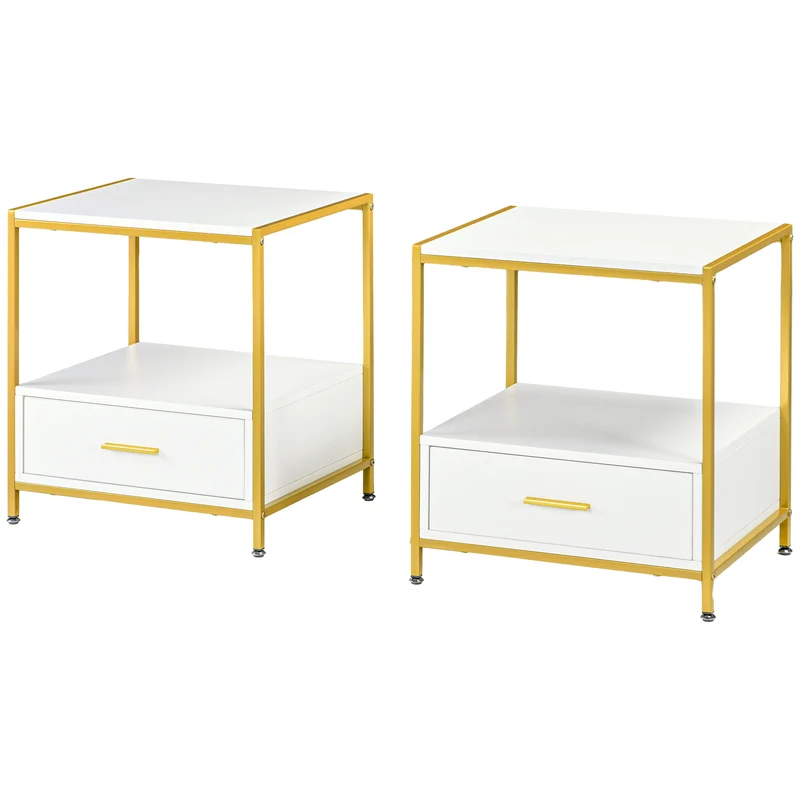 Easycomfort Set di 2 Comodini Moderni con Cassetto e Ripiano Aperto, 50x40x55cm, Bianco e Oro