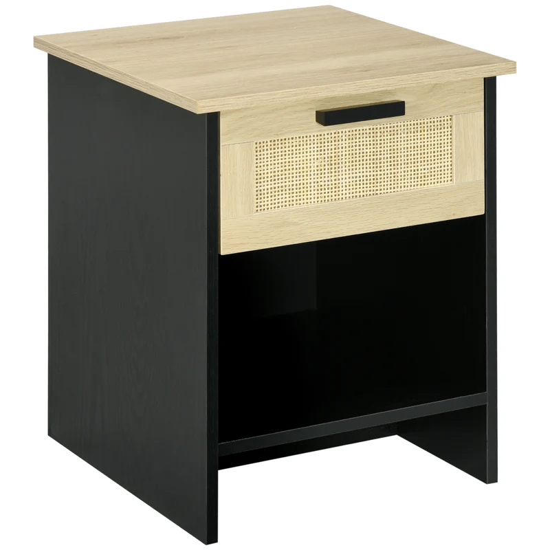 Easycomfort Comodino Stile Boho Chic in Legno e Rattan con Cassetto e Ripiano, 40x40x50cm, Nero e Naturale