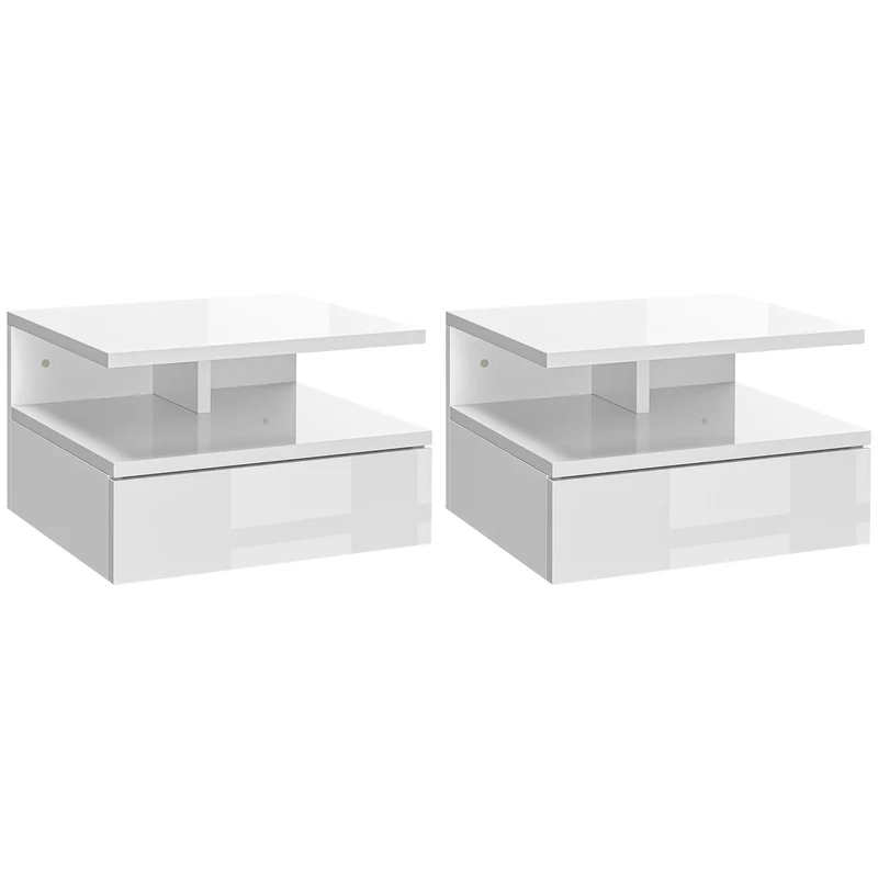 Easycomfort Set da 2 Comodini Moderni Sospesi con Cassetto e Mensola in Legno 35x32x22.5cm, Bianco Lucido