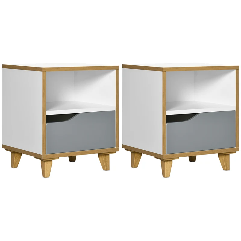Easycomfort Set di 2 Comodini Moderni con Cassetto e Ripiano in MDF, 36.8x33x43.8cm, Bianco e Grigio