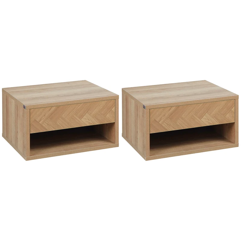 Easycomfort Set 2 Comodini Moderni Sospesi con Cassetto e Mensola in Legno 37x32x21cm, Colore Naturale