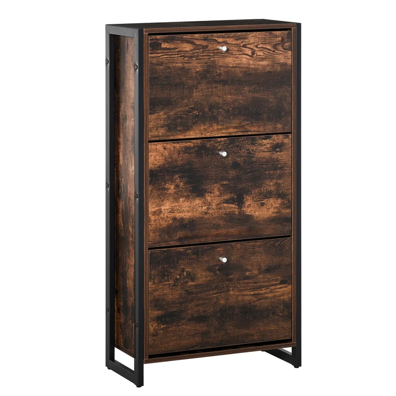 Easycomfort Mobile Scarpiera Salvaspazio Stile Industriale per 12 Paia di Scarpe, Legno e Metallo, 60x24x115cm Marrone e Nero
