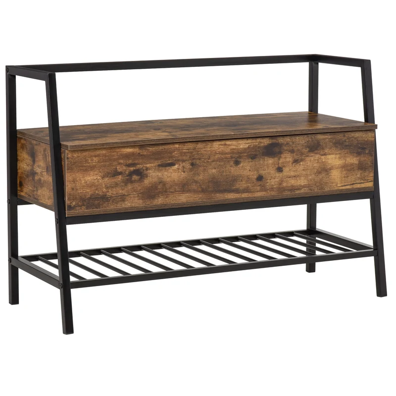 Easycomfort Mobile Scarpiera in Stile Industriale con Vano, Panca Scarpiera Vintage Salvaspazio in Legno e Metallo, Marrone Rustico, 90x37x60cm