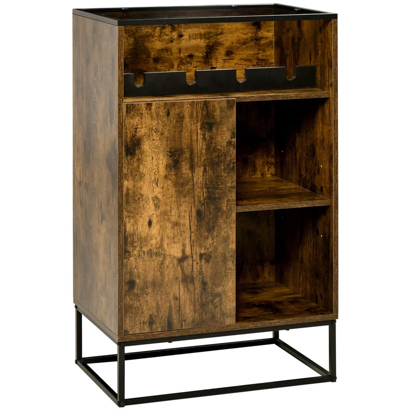 Easycomfort Mobile Multiuso con Portabottiglie, Vani Aperti e Armadietto Stile Industriale, 60x40x100cm, Marrone