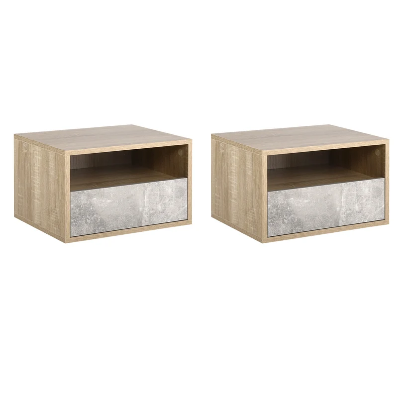 Easycomfort Set 2 Comodini Sospesi con Cassetto e Ripiano 45x35x27.5cm - Grigio e Color Legno