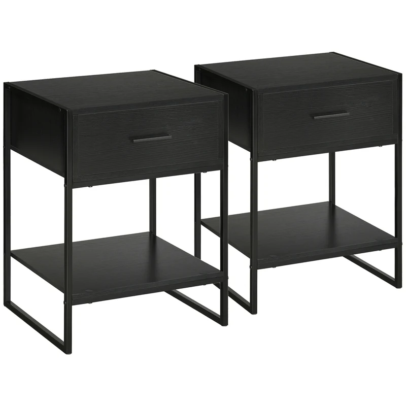 Easycomfort Comodino Moderno Set 2 Pezzi con Cassetto e Ripiano Aperto per Camera da Letto e Soggiorno, in MDF e Acciaio, 45x40x60cm, Nero