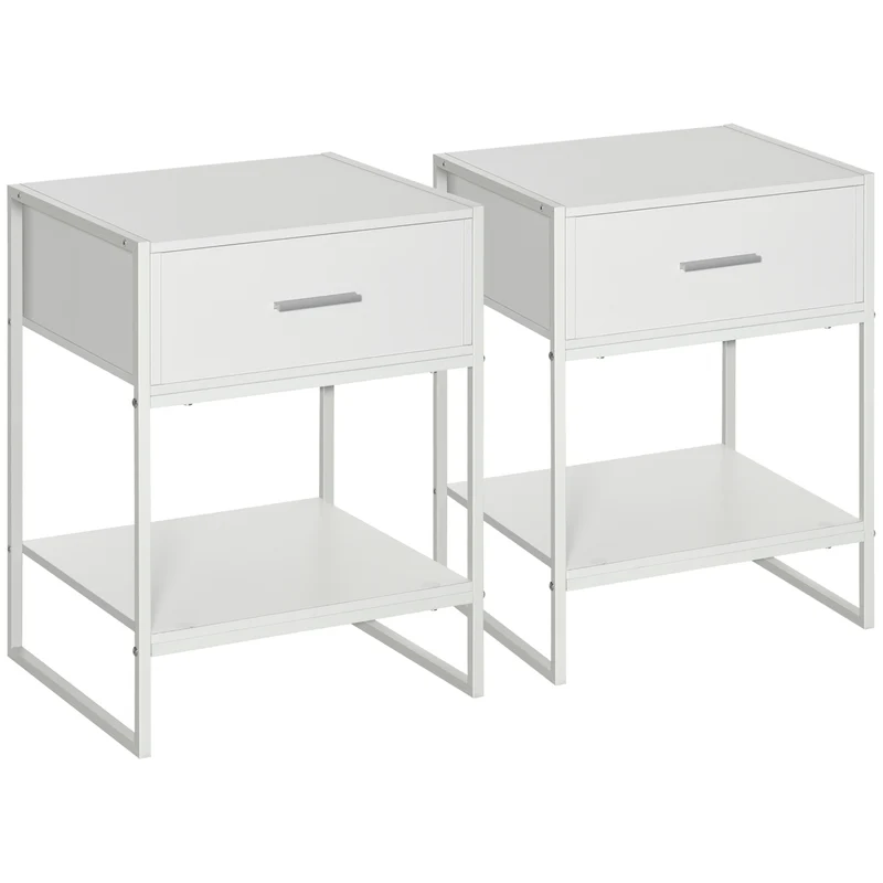 Easycomfort Comodino Moderno Set 2 Pezzi con Cassetto e Ripiano Aperto per Camera da Letto e Soggiorno, in MDF e Acciaio, 45x40x60cm, Bianco