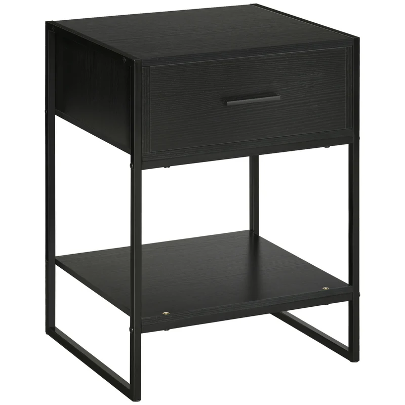 Easycomfort Comodino Moderno con Cassetto e Ripiano Aperto per Camera da Letto e Soggiorno, in Truciolato e Acciaio, 45x40x60cm, Nero