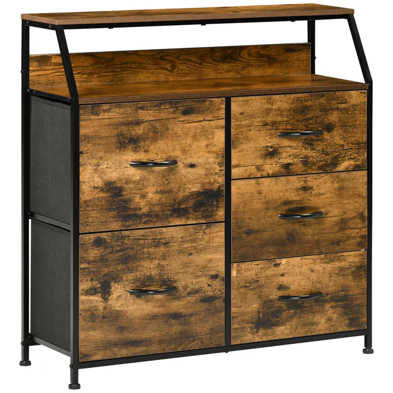 Easycomfort Mobile Cassettiera con 5 Cassetti in Tessuto Pieghevoli Stile Industriale, 83.5x29x87cm, Marrone