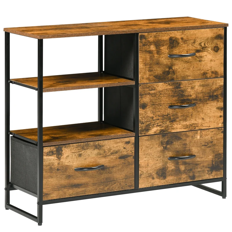Easycomfort Cassettiera in Stile Industriale con 4 Cassetti in Tessuto Pieghevole e 2 Ripiani Aperti, 84x30x71.5 cm, Marrone