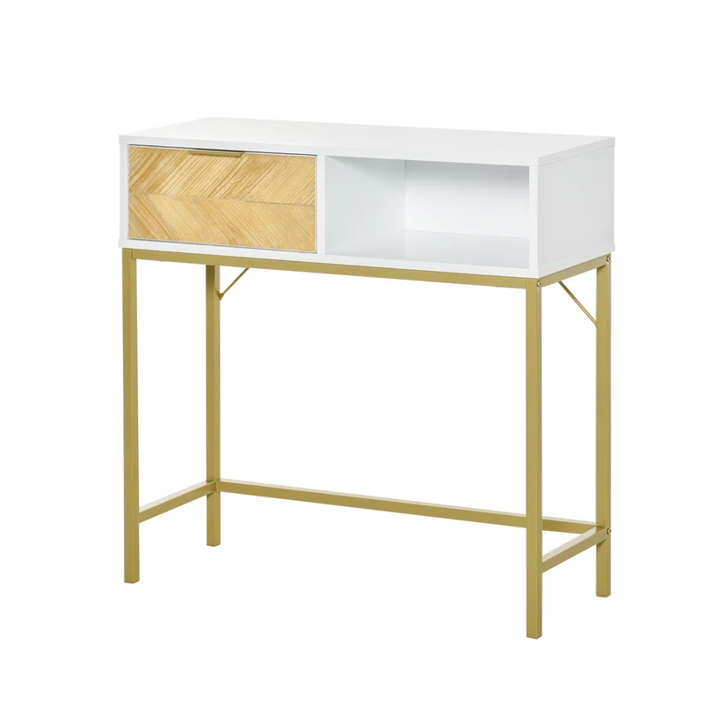 Easycomfort Tavolo Consolle in Legno, Consolle da Ingresso o Salotto con Design Moderno, Bianco e Oro, 80x30x80.5cm