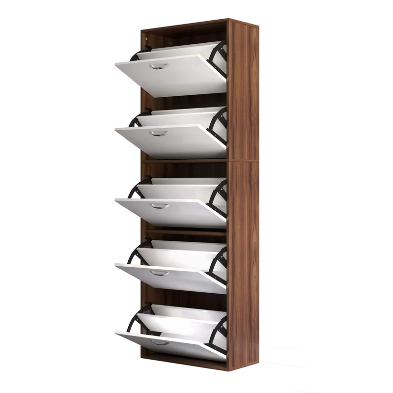 Easycomfort Scarpiera Slim a 5 Livelli con 2 Ripiani per Livello, in MDF, 60x28x189 cm, Bianco e Marrone
