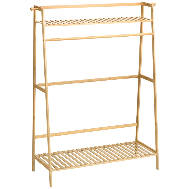 Easycomfort Appendiabiti in Bambù, Design Rialzato a 2 Livelli con Barra e 2 Ganci, 114x40x139 cm
