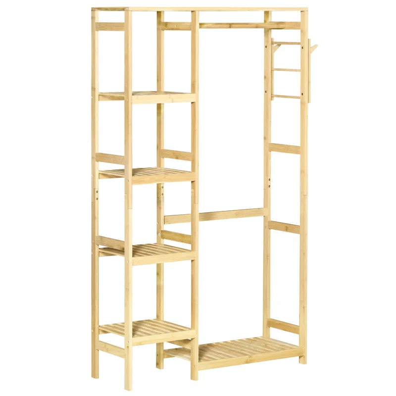 Easycomfort Appendiabiti da Terra in Legno di Bambù, Attaccapanni con Mensole Laterali per Ingresso e Camera da Letto, 90x30x155cm