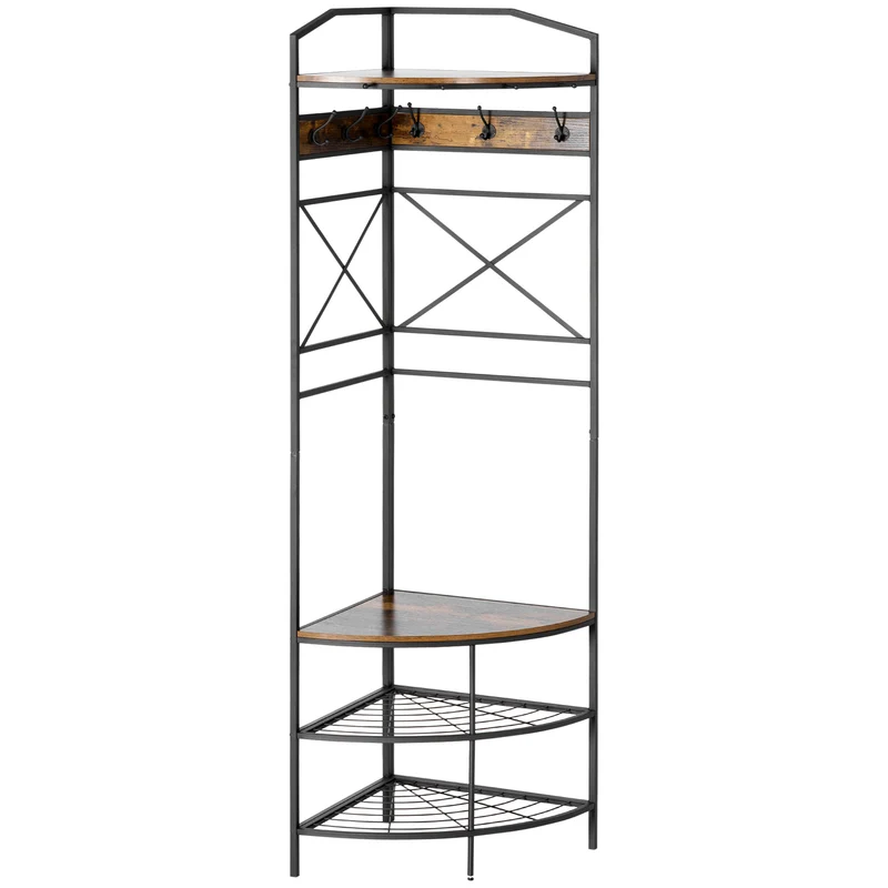 EasyComfort Appendiabiti da Terra Angolare con Panca e Scarpiera in Stile Industriale, 50x50x183cm, Marrone