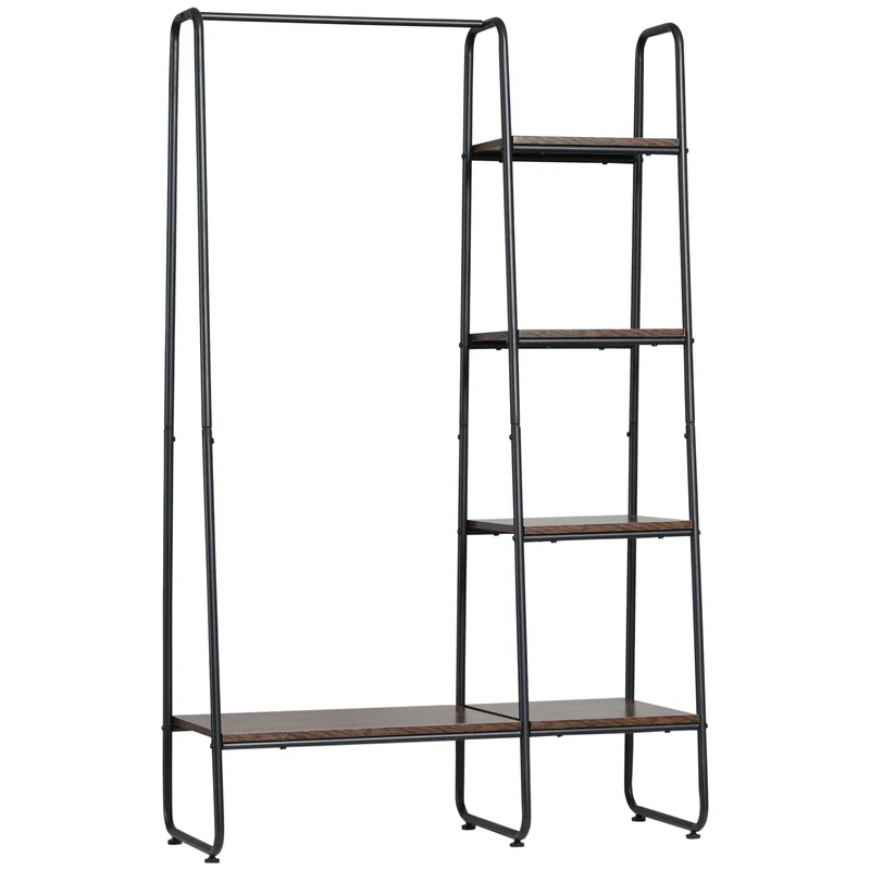 Easycomfort Appendiabiti da Terra Stile Industriale con Barra e 5 Ripiani in Legno e Acciaio 101x39x160cm