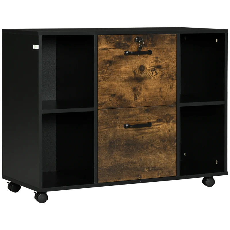Easycomfort Mobile da Ufficio 2 Cassetti Porta Documenti e Ripiani, Ruote con Blocco, 90x37.5x68.5cm, Marrone Rustico