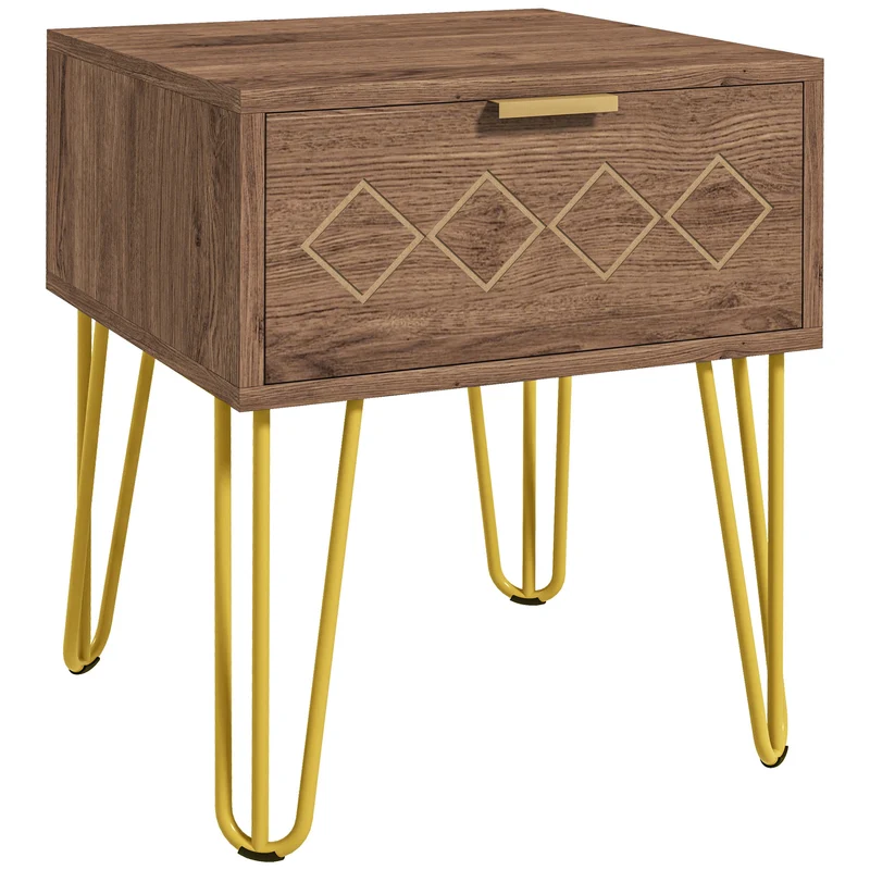 Easycomfort Comodini Moderni Set 2 Pezzi in Truciolato e Acciaio con Cassetto, 39.5x41x49 cm, Marrone