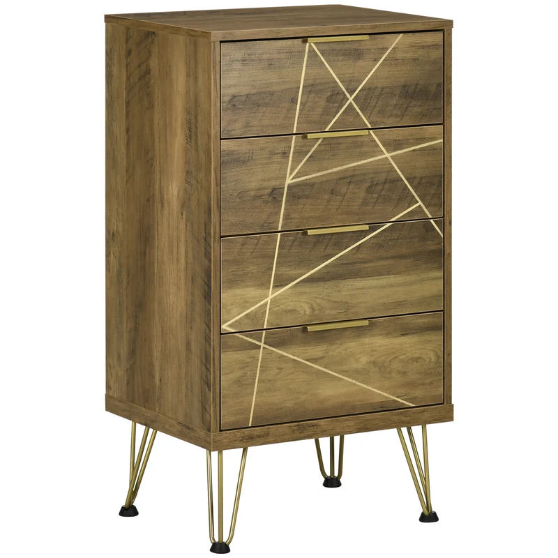 EasyComfort Mobile Cassettiera a 4 Cassetti in Legno Truciolare e Gambe in Acciaio, 48x39x87cm, Legno e Oro