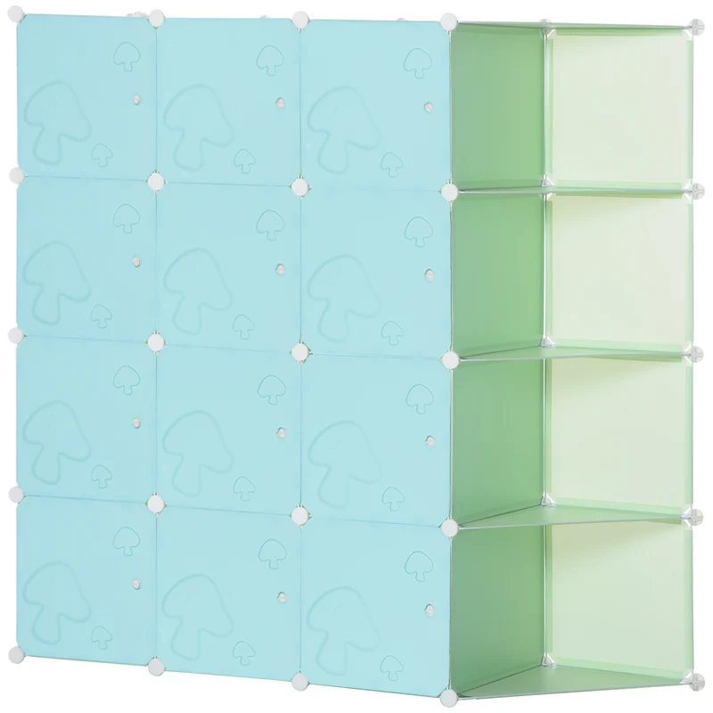 Easycomfort Mobile Scarpiera Modulare Salvaspazio a Fungo, 16 Cubi in Acciaio e PP, 145x47x145 cm, Verde e Blu